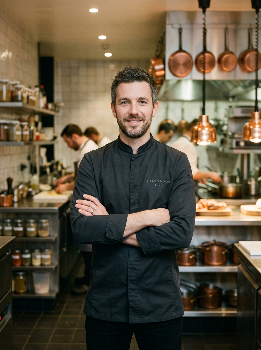 Executive Chef Marcus Dupont standing in the open kitchen