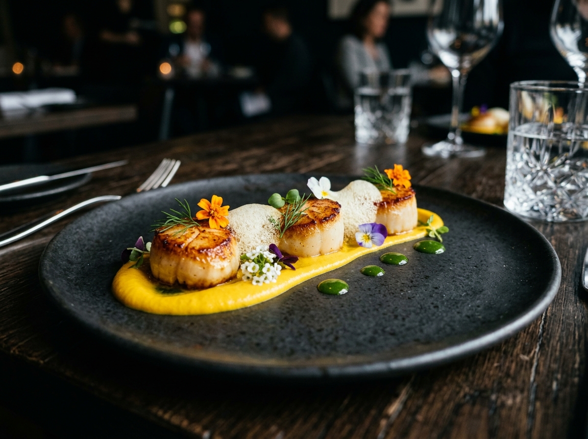 Pan-seared Hokkaido scallops with saffron emulsion and sea herbs