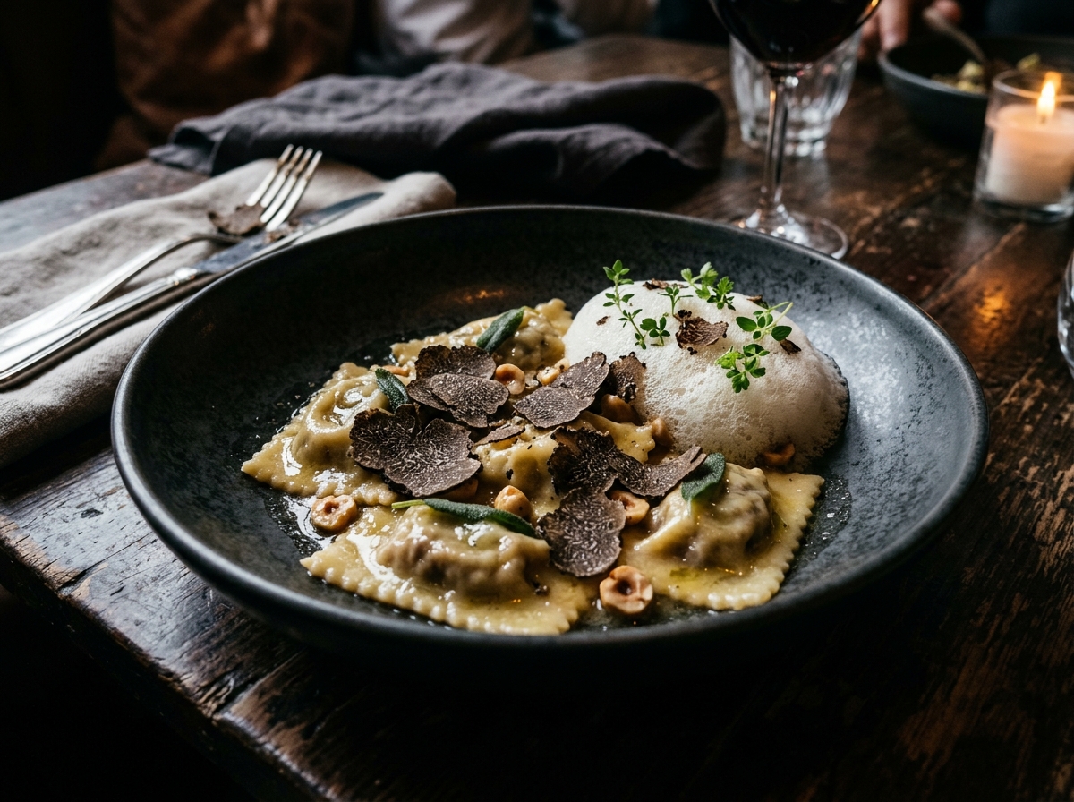 Artisanal hand-rolled agnolotti with black truffles