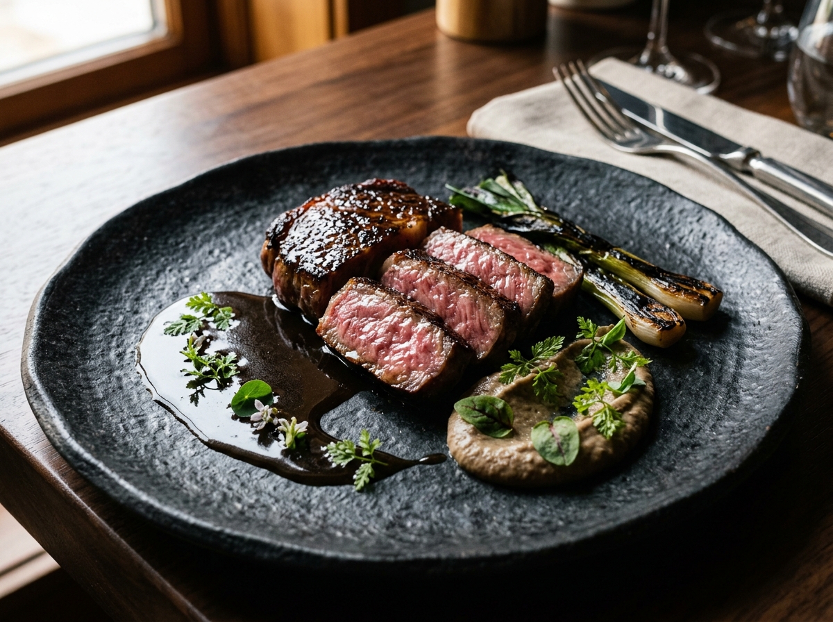 A5 Miyazaki Wagyu ribeye cap with black garlic demi-glace