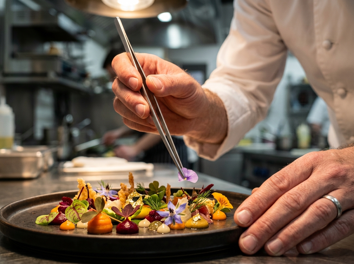 Chef plating intricate edible micro herbs with tweezers