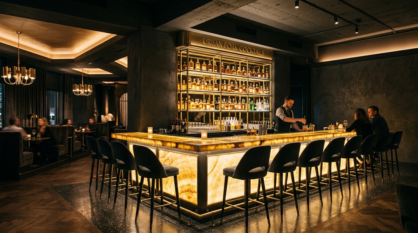 Atmospheric cocktail lounge and custom warm brass bar at Urban Fork