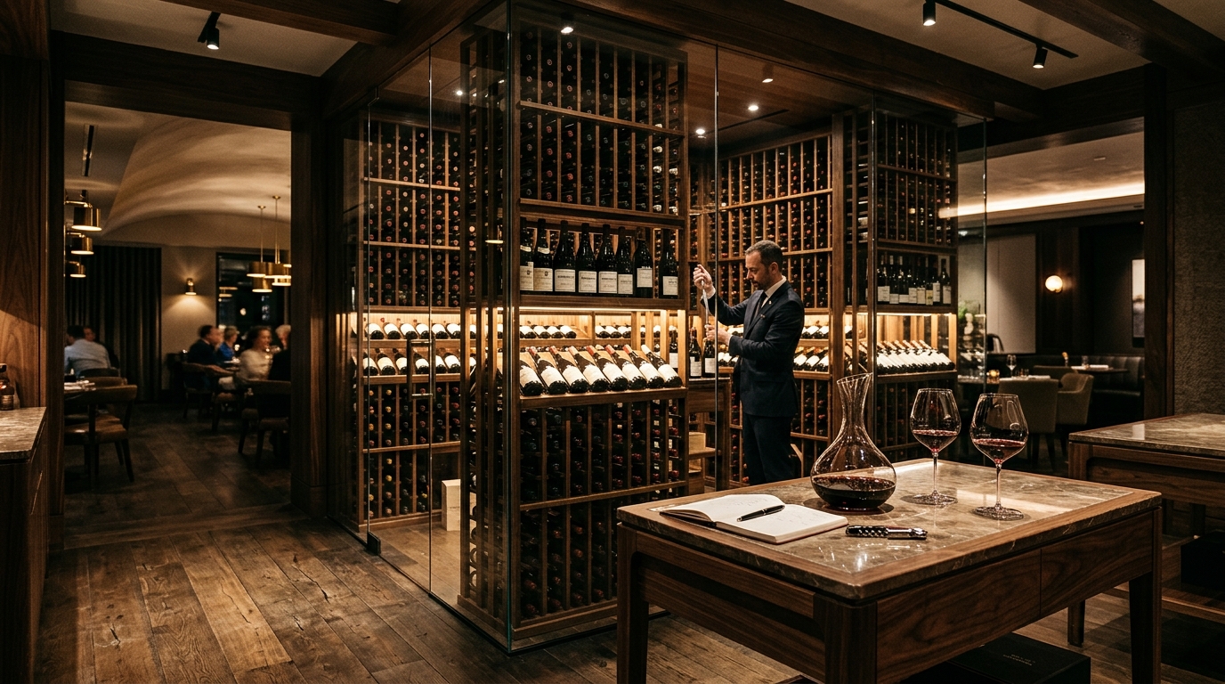 Glass-enclosed Sommelier Vault housing rare Old World vintages